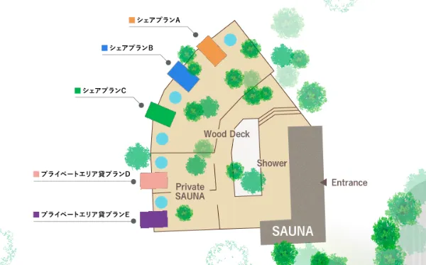 sui の施設マップ。シェアプランA・B・Cの3棟と、プライベートエリア貸プランD・Eの2棟が並び、Wood Deck、Shower、Private SAUNA、SAUNA、Entrance の位置を示しています。